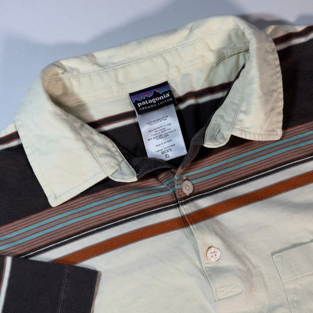 Patagonia Polo Shirt Mens XL Brown Cream Good Striped Organic Cotton Pocket